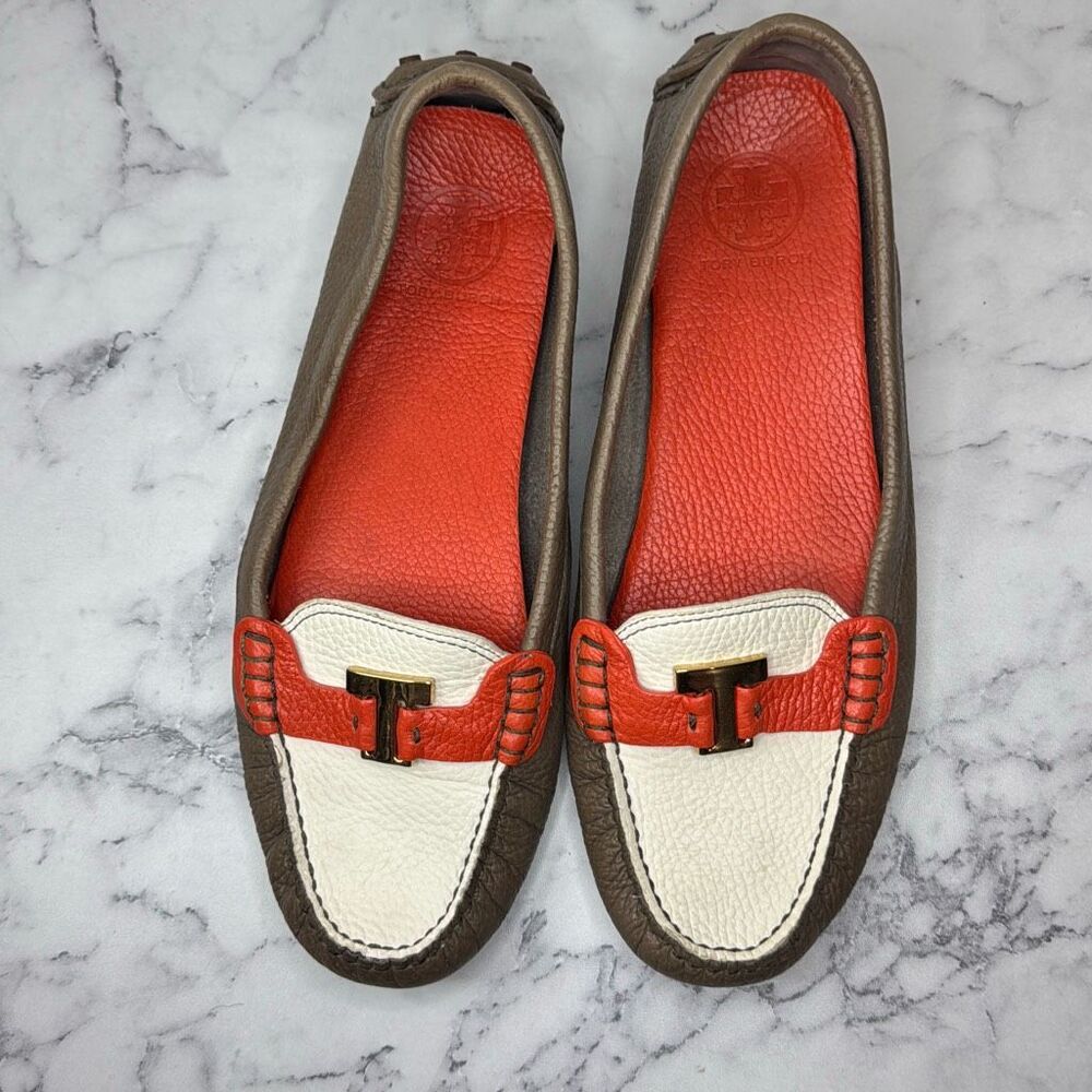 Tory Burch White, Orange & Brown Leather Driving Loafers